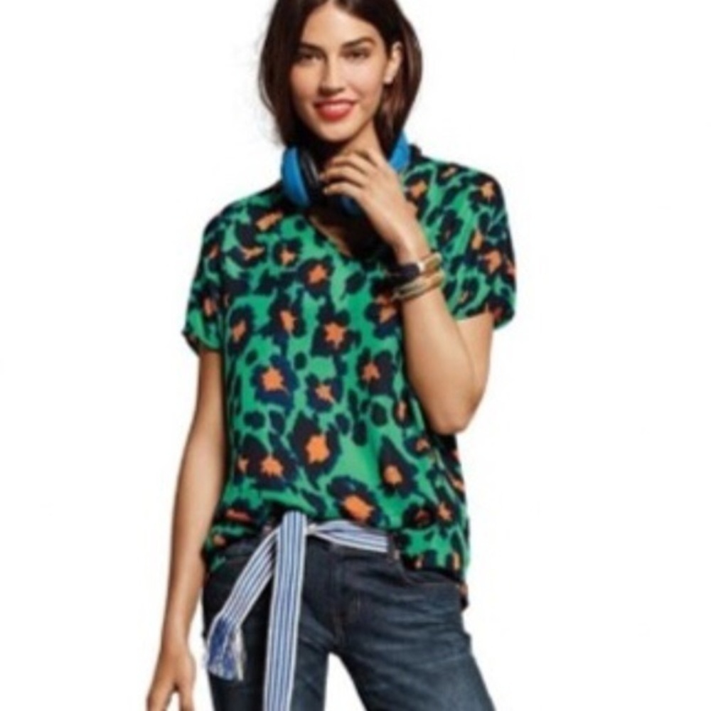 Cabi Leopard Print Top 5023 Gold Short Sleeve XXS Blouse Shirt Green